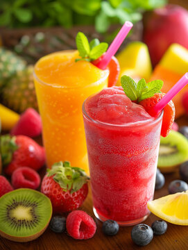 Fruit slush image, delicious smoothie closeup, strawberry and berries healthy drink / beverage 