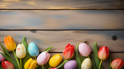  Easter holiday background with easter eggs and tulip flowers on wooden table, Floral Corner Frame With Bouquet Of colorful tulips, Beautiful easter eggs near tulips, AI generated