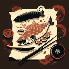 AI generated illustration of a platter of fish and gourmet sushi in a simplistic art style