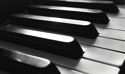 Piano keys in black and white, close-up. Musical instrument