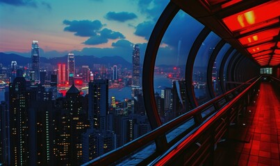 Fototapeta na wymiar Pedestrian bridge over the river with skyscrapers on background. Illuminated night city