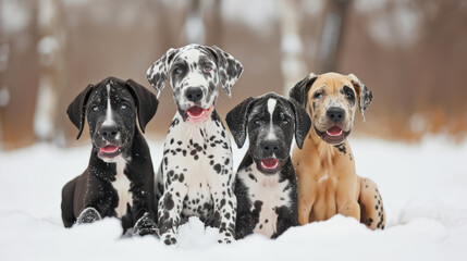 a number of dogs sitting on top of a snowy ground