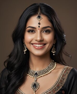 a indian woman wearing  traditional clothes a tiara and smiling for a picture in a studio 