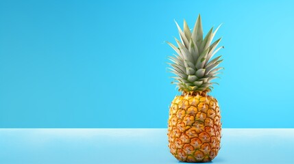 A visually appealing and tropical scene featuring a beautiful ripe pineapple, skillfully isolated on a soothing light blue background, 