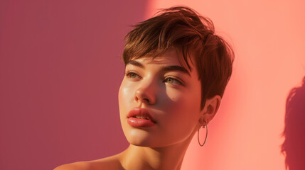 Obraz premium Beautifuil modern young teen woman with fresh glowing dewy skin and short brown pixie hairstyle for beauty campaign for skincare serum, make-up, products or treatments, indepentant Hipster Gen Z lady