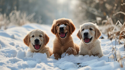 four dogs sit in snow looking up at the camera with their tongues open