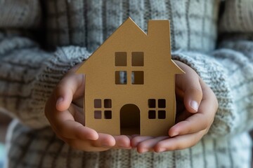 hands holding paper house, family home, homeless housing and home protecting insurance concept, international day of families, foster home care, homeschooling, social distancing