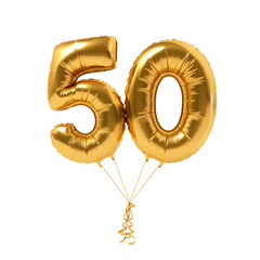 Golden number fifty metallic golden balloon isolated on white background. Party decoration golden balloons. Anniversary sign for happy birthday