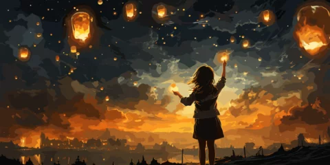 Fotobehang A young girl standing during the day reaching out to grab a star in the night dimension, digital art style, illustration painting © Влада Яковенко