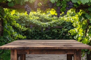 Fototapeta na wymiar Empty wooden table over grape garden background. Summer product display.