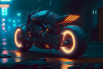 AI generated illustration of a futuristic motorcycle design with smooth wheels and glowing details