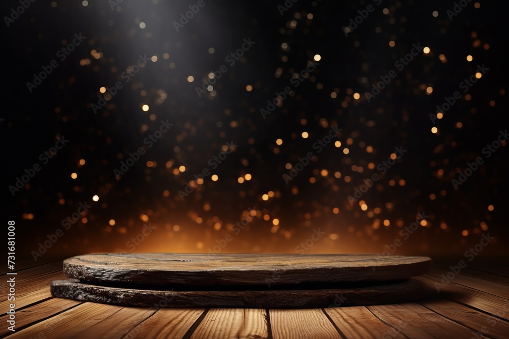 Wall mural empty wooden table with sparkling bokeh lights background