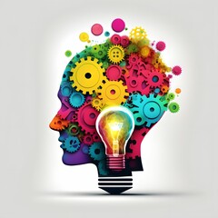 AI generated illustration of a light bulb in the head of a human with colorful gears