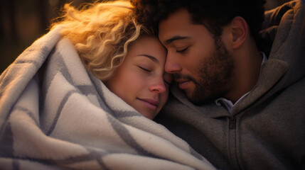 Intimate couple embracing and sharing a warm, cozy moment under a blanket