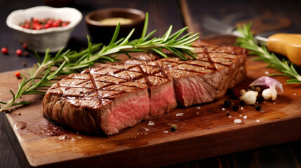 Juicy grilled steak seasoned with spices and fresh herbs on wooden board