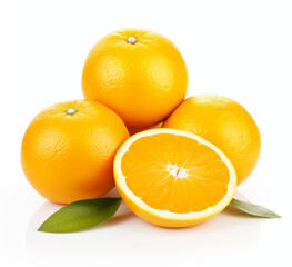 Fresh whole and sliced oranges with green leaf on white background