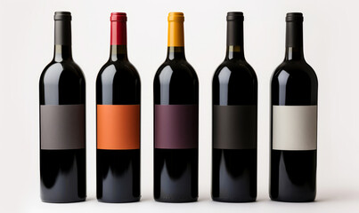 Assorted wine bottles with blank labels on white background