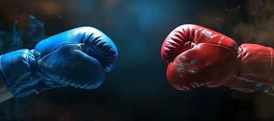 Red and blue boxing gloves face off in dramatic lighting. symbol of competition and challenge. perfect for sports themes. AI - obrazy, fototapety, plakaty