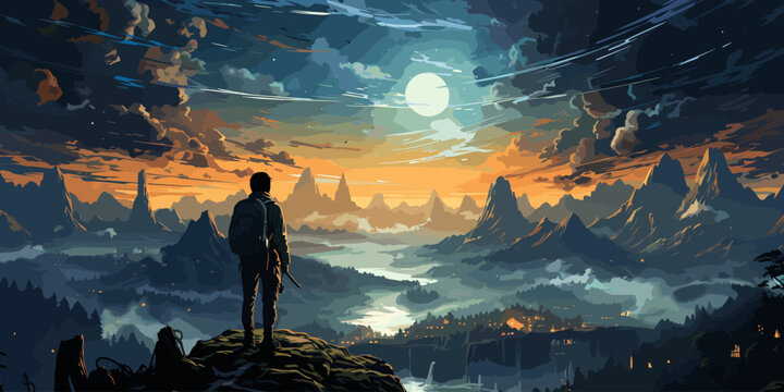 young hiker with backpack and a dog standing on the rock and looking at stars in the night sky, digital art style, illustration painting