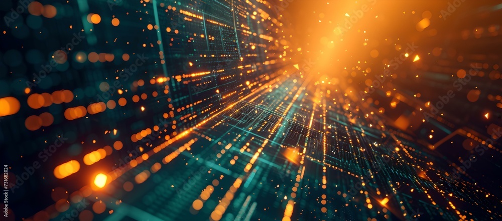 Poster futuristic circuit board with bright lights and data streams. technology and innovation concept imag