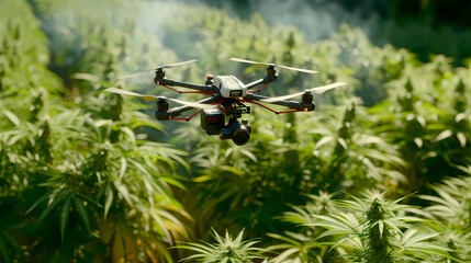 Drone flying over a Cannabis field providing real-time data