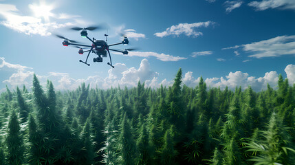 Fototapeta na wymiar Drone flying over a Cannabis field providing real-time data