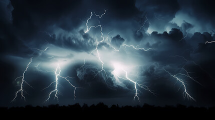 Naklejka na ściany i meble Roaring thunderstorm, shocking lightning shines in the dark sky