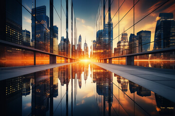 Modern cityscape reflection with sunset glow in urban skyline