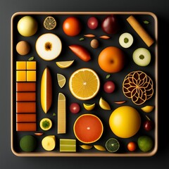 AI generated illustration of colorful fruit and vegetables on a black pan