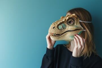 Woman applies lipstick wearing dinosaur mask against blue wall, funny costumes picture