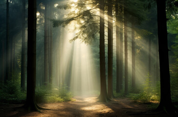 Mystical forest path with sunlight beams piercing through trees