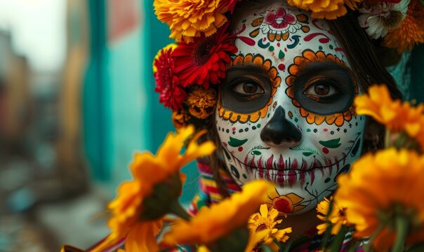 Woman with sugar skull face paint holding flowers in celebration, funny costumes image