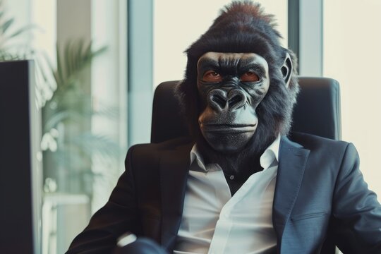 Businessman in gorilla mask sits in an office chair adding a touch of humor to the workspace, funny costumes picture