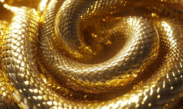 cycled 3d animation, abstract background with tangled golden snakes, shiny metallic dragon scales texture, unique wallpaper, Generative AI