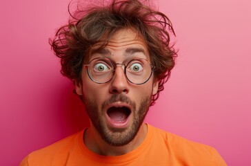Excited man on pink background, unexpected joy image