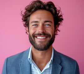 Obraz premium Portrait of handsome smiling businessman with suit in professional studio background