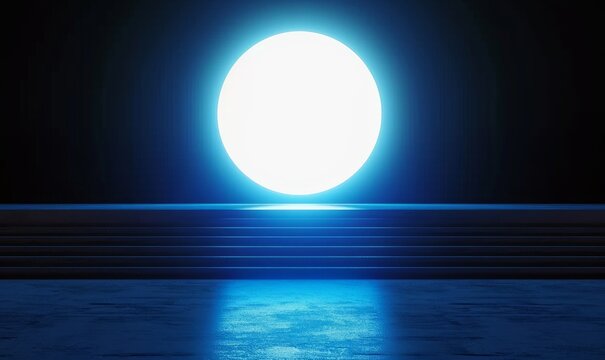 3d render, abstract minimalist blue geometric background. Bright light. Round shape glowing in the dark, Generative AI
