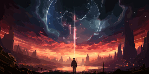 futuristic man standing and looking at the sky with a strange beam of light., digital art style, illustration painting - obrazy, fototapety, plakaty