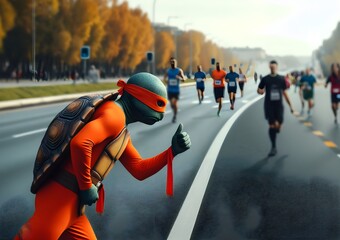 a man in a green turtle mask and orange outfit runs and tries to participate in the running competition