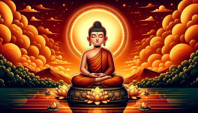 Illustration for makha bucha day with a serene buddha statue in cartoon style.