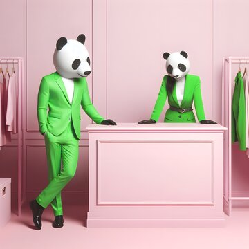 Panda  Masked  Figure  Leaning on  Boutique  Counter -  Soft  Pink  Background