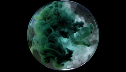 Floating round glass with green ink. AI-generated.