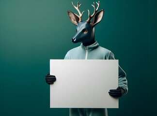 Deer  Masked  Individual in  Light  Blue  Suit with  Whiteboard -  Forestgreen  Backdrop