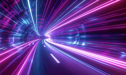 Fototapeta premium 3d render, abstract neon background, space tunnel turning to left, ultra violet rays, glowing lines, virtual reality jump, speed of light, space and time strings, highway night, Generative AI