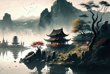 AI generated illustration of ancient Asian-style buildings situated near a lake