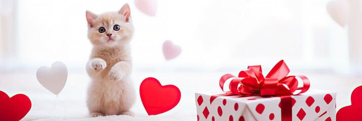 Cute cat with a red heart shaped balloons and a gift box. Love card, greeting card. Promotional banner for animal shelter, pet shop or vet clinic.