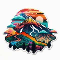 AI generated illustration of a vibrant landscape sticker featuring a mountain and lush vegetation