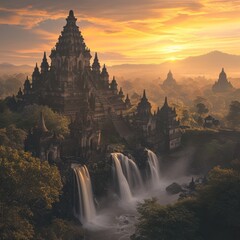 Fototapeta na wymiar The beauty of a misty Hindu temple in the morning with an exotic atmosphere complete with waterfalls, rivers and reflections of sunlight. Concept for religion, travel, culture etc. Generative ai