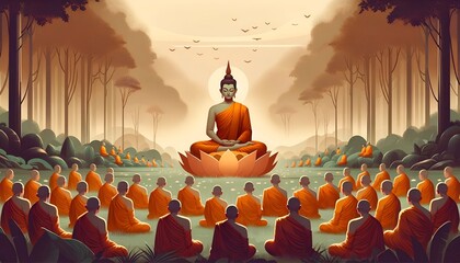 Illustration for magha puja day with serene scene of buddhist monks in orange robes seated in meditation. - obrazy, fototapety, plakaty
