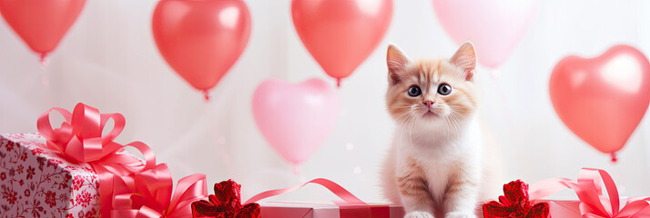 Cute kitten with a red and pink heart shaped balloons and a gift box. Valentine's Day, Women's Day design concept.